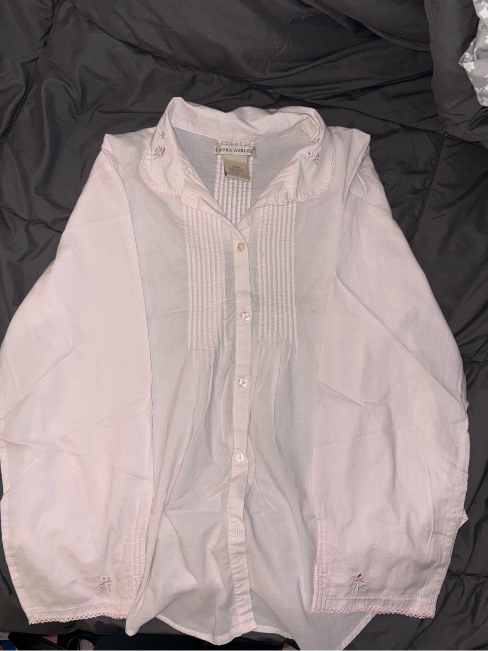 Laura Ashley Light Pink Pintuck Button Front Blouse with Embroidered Collar